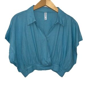 Zenana Crop Blouse Small Linen Blend Collared Cropped Boho Flowy Women